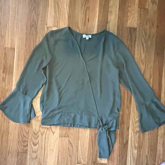 Size small LOFT outlet army green faux wrap blouse. Bell sleeves. - Picture 2 of 9